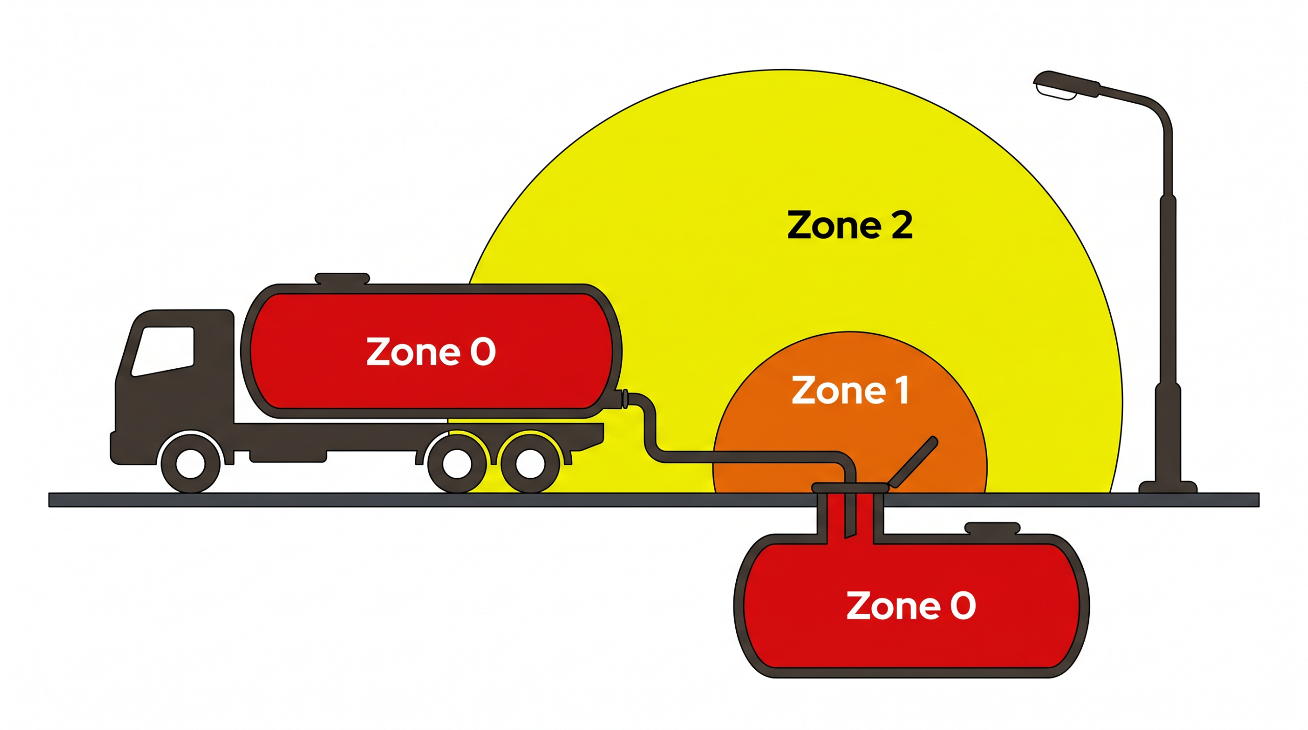 Schéma de classification des zones ATEX (0, 1, 2) illustré sur un camion citerne de carburant — distances de sécurité conformes à la directive 1999/92/CE